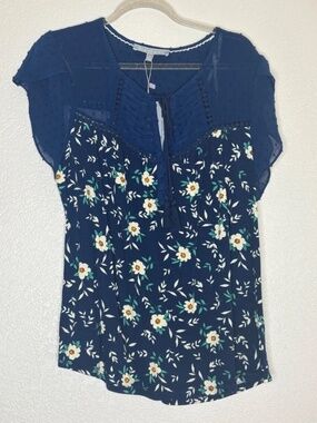 Daniel Rainn Petite Small Floral Blouse Navy Mixed Media Tassel Tie NWT